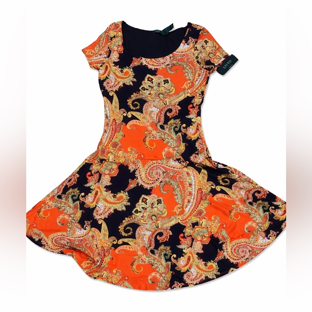 Ralph Lauren Lauren Women’s Paisley Fit & Flare Dress Size M Orange Navy Gold